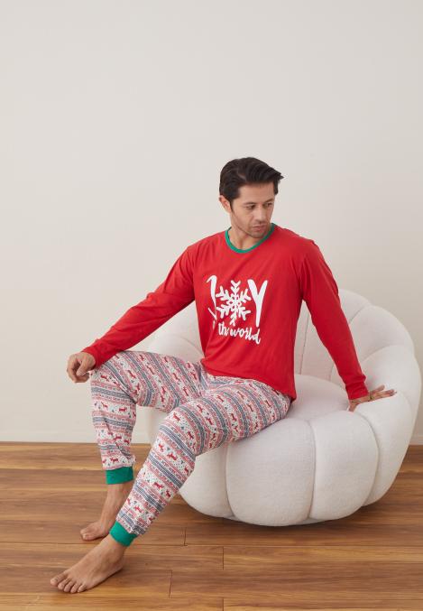 Pijama barbat Craciun maneca lunga pantaloni lungi rosu Joy ENGROS